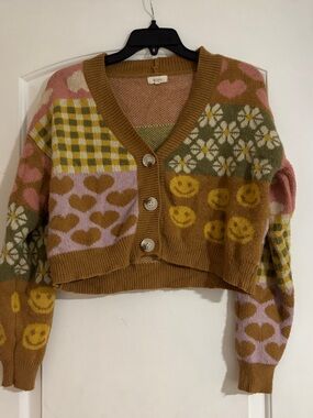 debut Cropped Patchwork Cardigan in Pink, Mustard, Olive & Cream